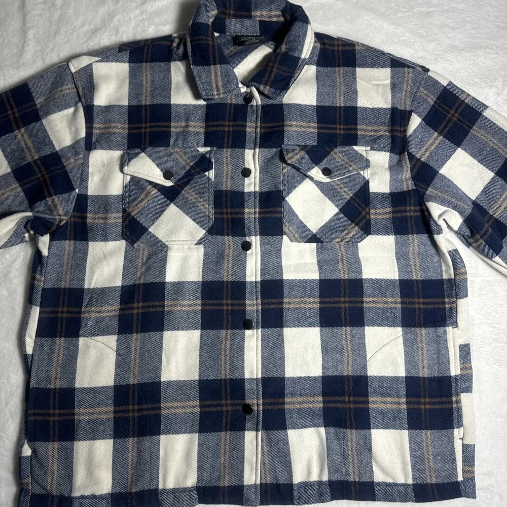 HFX Womens Navy Blue Plaid Flannel Snap‎ Front Shacket Jacket XL